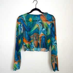 SHEIN Green & Orange Swirl Print Mesh Top. Size 1XL.